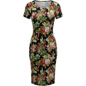 French Atmosphere Stretch Black Floral Bodycon Midi Dress Vintage 90s XL Grunge